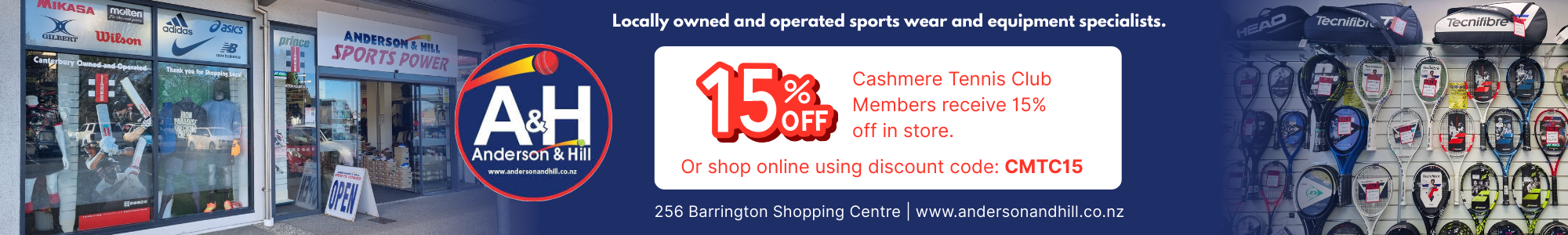 15% discount at Anderson & Hill for Cashmere Tennis Club Members